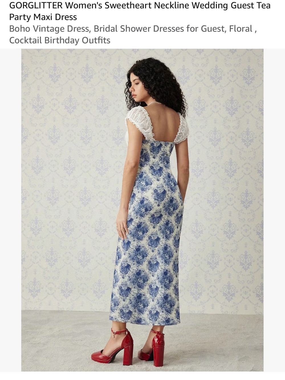 Amazon Blue and White Floral Midi Dress with Lace Cap Sleeves - Picture 8 of 8